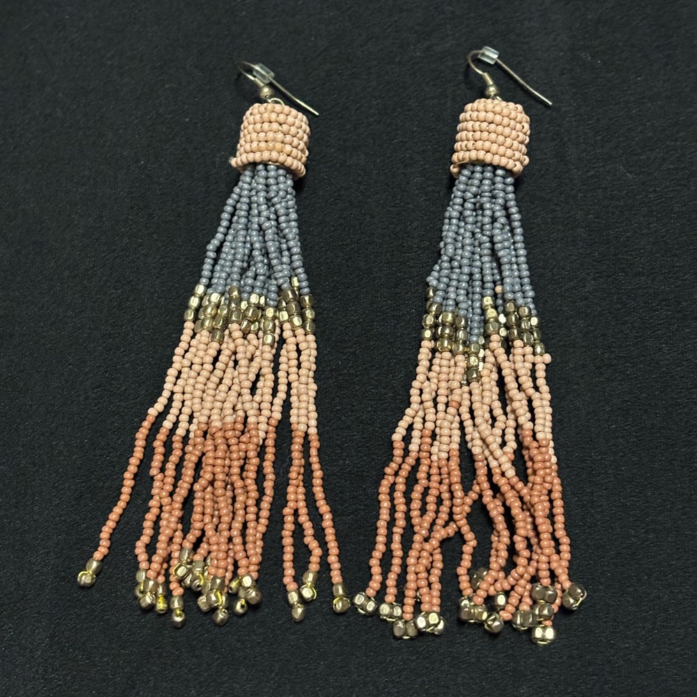 Handmade Beaded Tassel Earrings in Blush, Grey and Gold